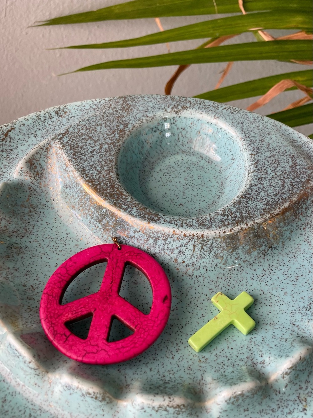Pink Peace Sign and Lime Green Cross Howlite Stone Beads Pendants